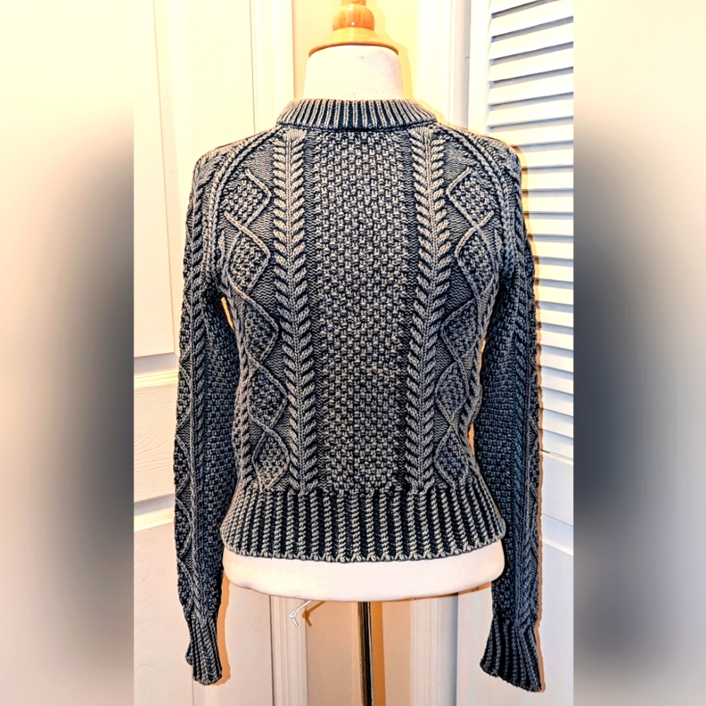 LL Bean Signature Cotton Cropped Fisherman Sweater, Blue - Size XS